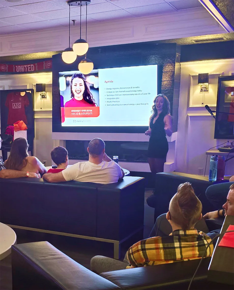 Evgenia is explaining how to bring the sensitive topics of intimacy and sexuality into a public forum